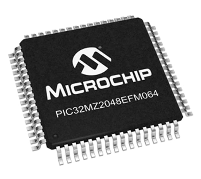PIC32MZ2048EFH064-I/PT The Microchip PIC32MZ2048EFH064-I/PT is a 32-bit microcontroller with a MIPS MicroAptiv core. It operates at up to 200 MHz and features 512 kB of RAM.