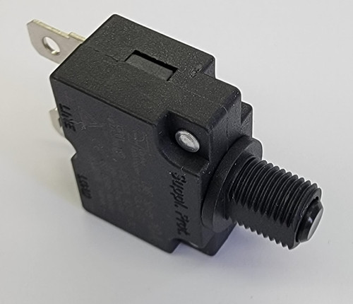 CMB-103-27GNN-B-A Thermal circuit breaker rated 10A at 250V. Features push-to-reset actuator and panel mount.