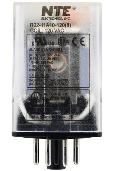 R02-11A10-120 The NTE Electronics R02-11A10-120 is a general purpose DPDT relay designed for AC applications. It features a 10A contact current rating and a 120VAC coil voltage.