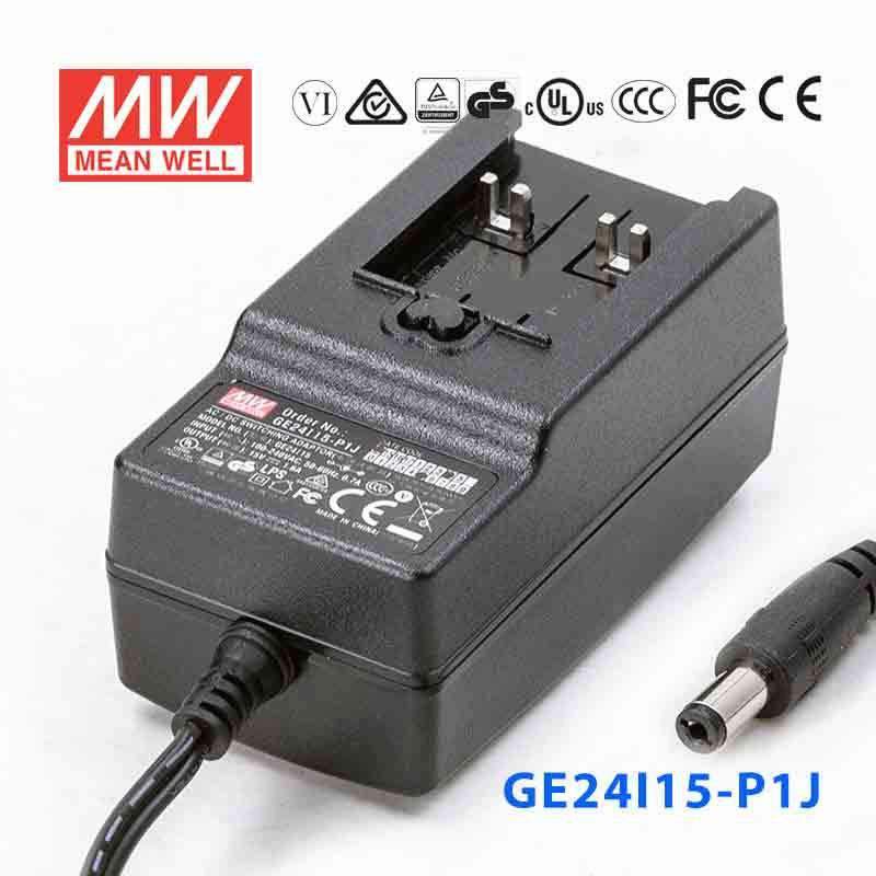 GE24I15-P1J The Mean Well USA GE24I15-P1J is a 24W AC/DC wall mount adapter providing a 15V output at 1.6A. It features universal AC input and Level VI efficiency.