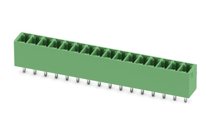 MCV15/16-G-381 This Phoenix Contact MCV 1.5/16-G-3.81 is a 16-contact pluggable terminal block with a 3.81mm pitch. It features a straight orientation and solder termination.