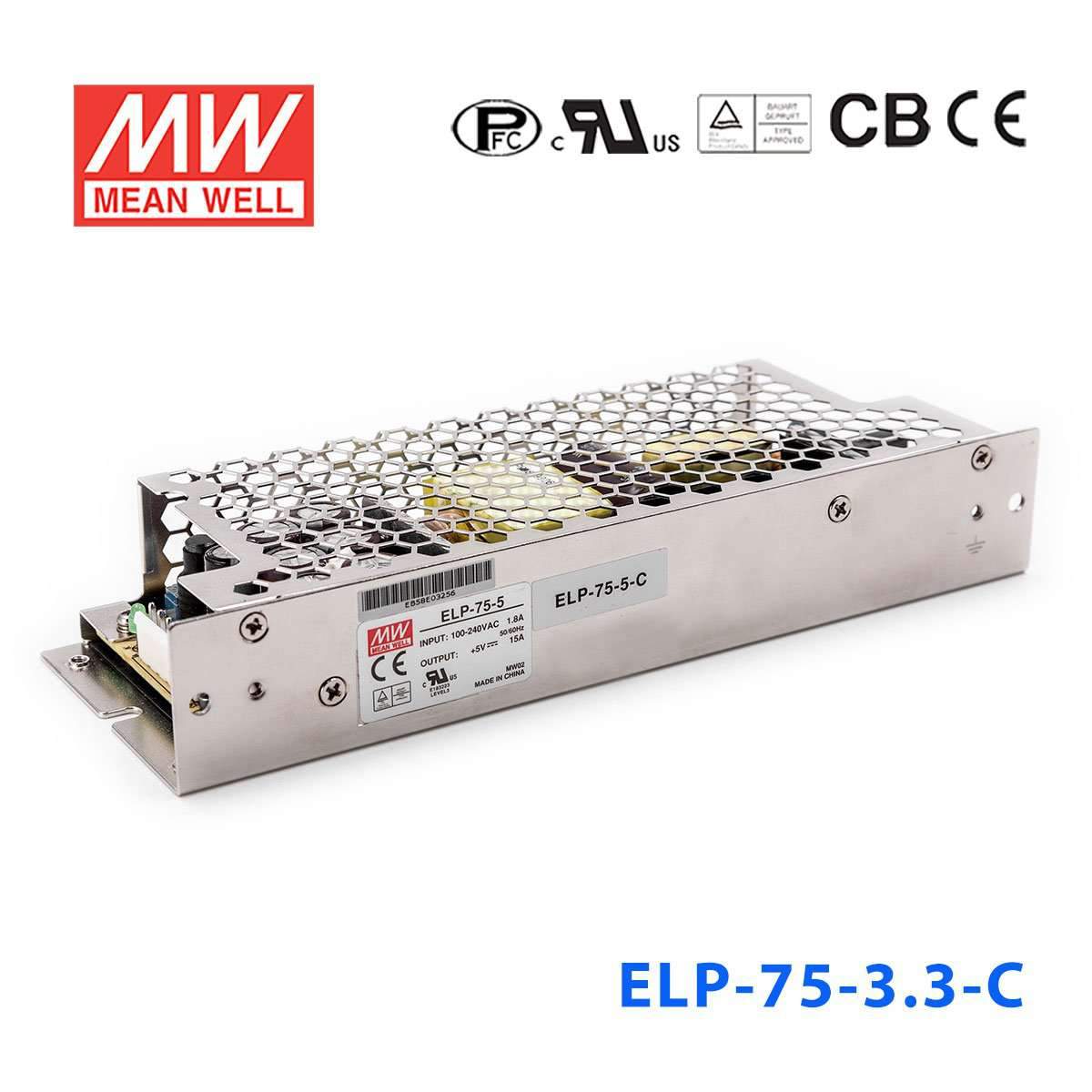 ELP-75-3.3-C The Mean Well ELP-75-3.3-C is an open-frame AC to DC converter providing a 3.3V output at up to 15A and 49.5W. It features a wide 90-264VAC input range and operates from -30°C to 70°C.
