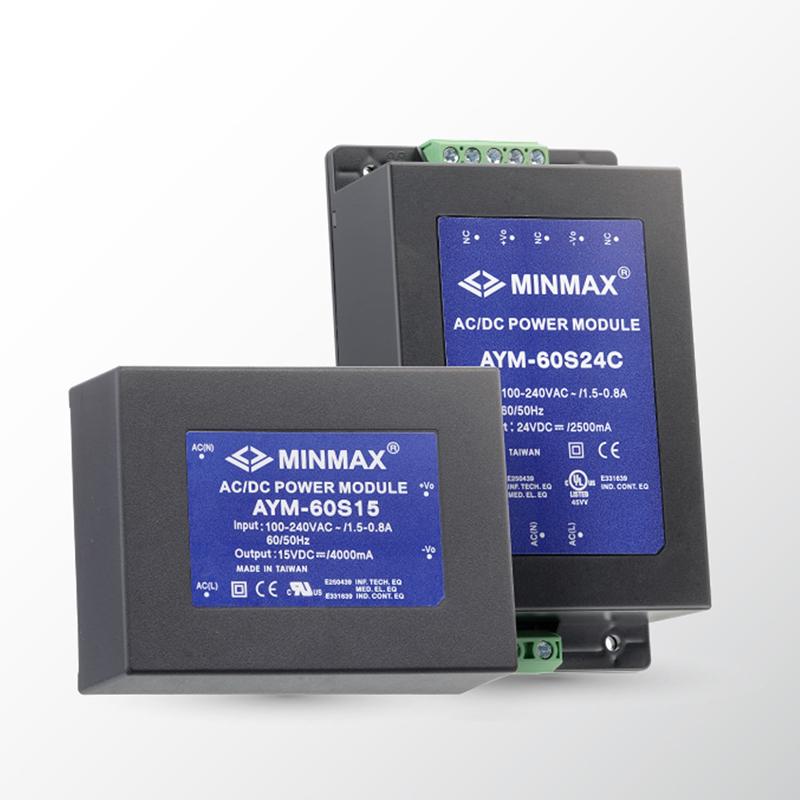 AYM-60S12 The MINM AYM-60S12 is a 60W AC-DC power module with a universal input voltage range of 85-264VAC and a 12VDC output. It features an efficiency of 87% and operates across a wide temperature range.