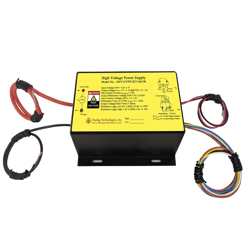 AHV12VPN1KV1MAW The Analog Technologies AHV12VPN1KV1MAW is a high voltage power supply module designed for DC-DC conversion. It provides an output voltage range of 0 to ±1kV from a 12V input.