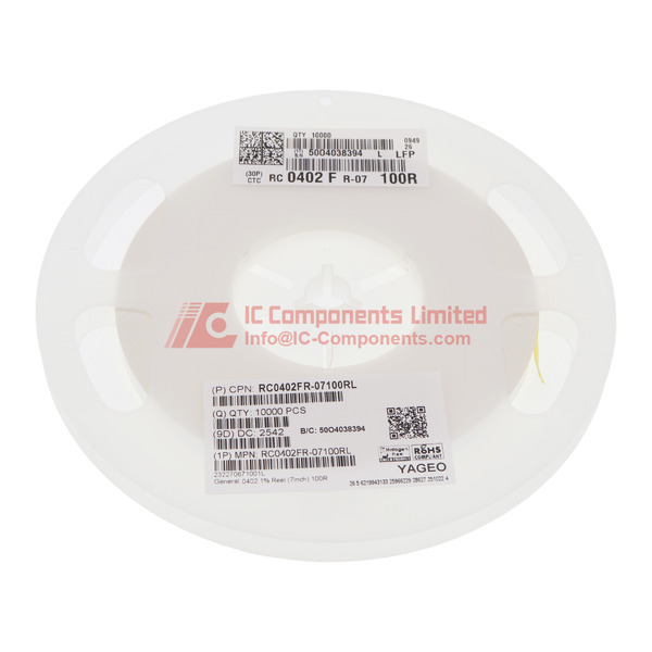 RC0402FR-07100RL The Yageo RC0402FR-07100RL is a surface mount chip resistor from the RC_L series. It features a resistance of 100 Ohms with a tolerance of ±1% and a power rating of 1/16W.