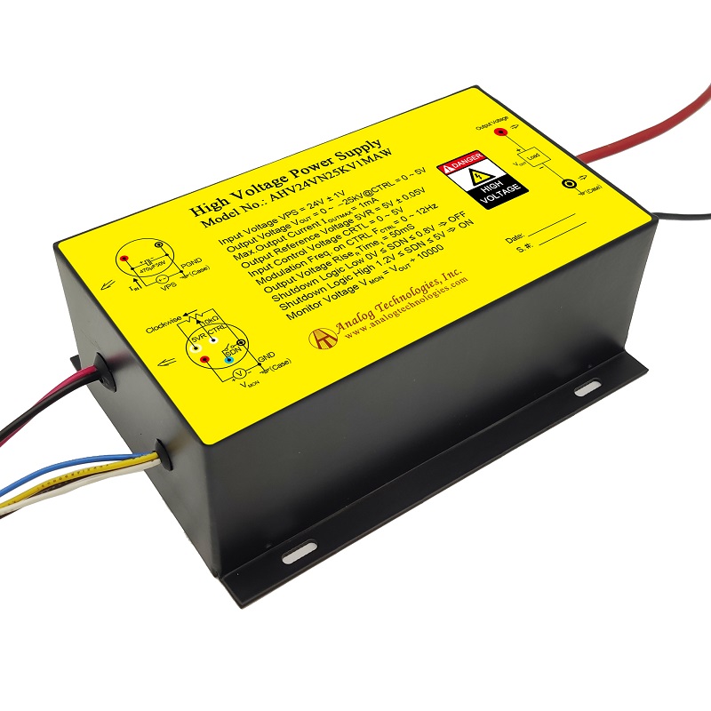 AHV24VN25KV1MAW The Analog Technologies AHV24VN25KV1MAW is a high voltage DC-DC power module designed for converting low voltage to high voltage. It features linear regulation and a shutdown mode.