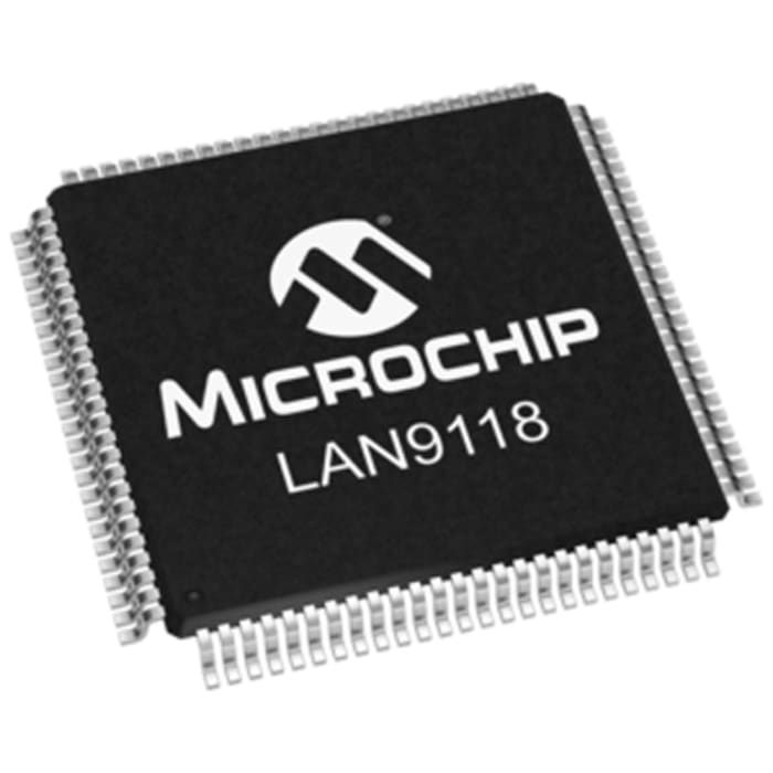 LAN9118-MT The Standard Microsystems LAN9118-MT is an Ethernet controller IC with a 100Mbps maximum data rate and a PCI interface. It operates at 3.3V and is available in a 100-pin TQFP surface mount package.