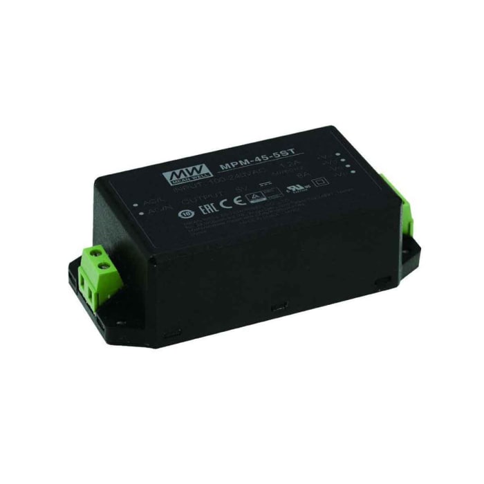 MPM-45-24ST The Mean Well MPM-45-24ST is an enclosed AC/DC converter providing 24V at 1.88A for a total of 45W. It operates from an 80-264V AC input.