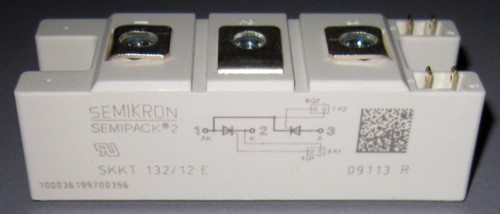 SKKT132/12E The Semikron SKKT132/12E is a dual SCR/Thyristor module with a voltage rating of 1200V and a current rating of 132A. It is RoHS3 compliant.