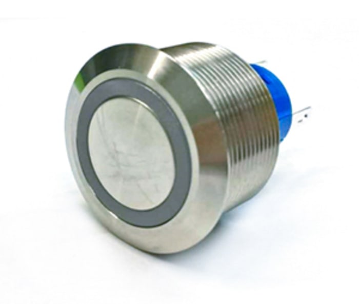 175-9266 This RS PRO illuminated push button switch features a panel mount design with a 25.2mm cutout and a flat, green LED. It offers SPDT contact configuration and a voltage rating of 250V ac.