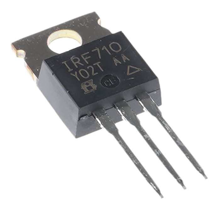 IRF710 The Vishay IRF710PBF is an N-Channel Power MOSFET with a maximum drain-source voltage of 400V and a continuous drain current of 1.2A. It comes in a TO-220AB package.
