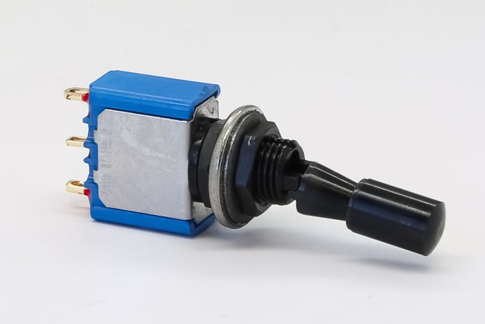 5636ADGKB This APEM 5636ADGKB is a panel mount toggle switch with a Single Pole Double Throw (SPDT) contact configuration and On-On operation. It features solder lug terminals and a contact rating of 4A.