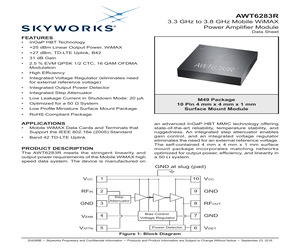 AWT6283RM49P8 The Skyworks Solutions AWT6283RM49P8 is a power amplifier module designed for Mobile WiMAX and TD-LTE applications. It operates within the 3.3 GHz to 3.8 GHz frequency range.