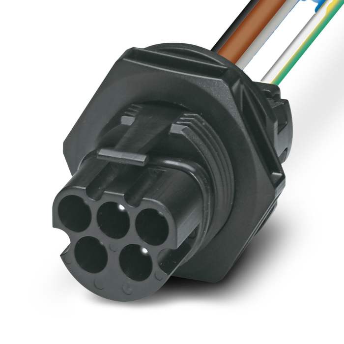 PRC 5-FT25-MC6-150 This Phoenix Contact PRC 5-FT25-MC6-150 series female cable solar connector is designed for robust power applications. It supports a 2.5mm² cable cross-sectional area and operates at up to 690V and 30A.