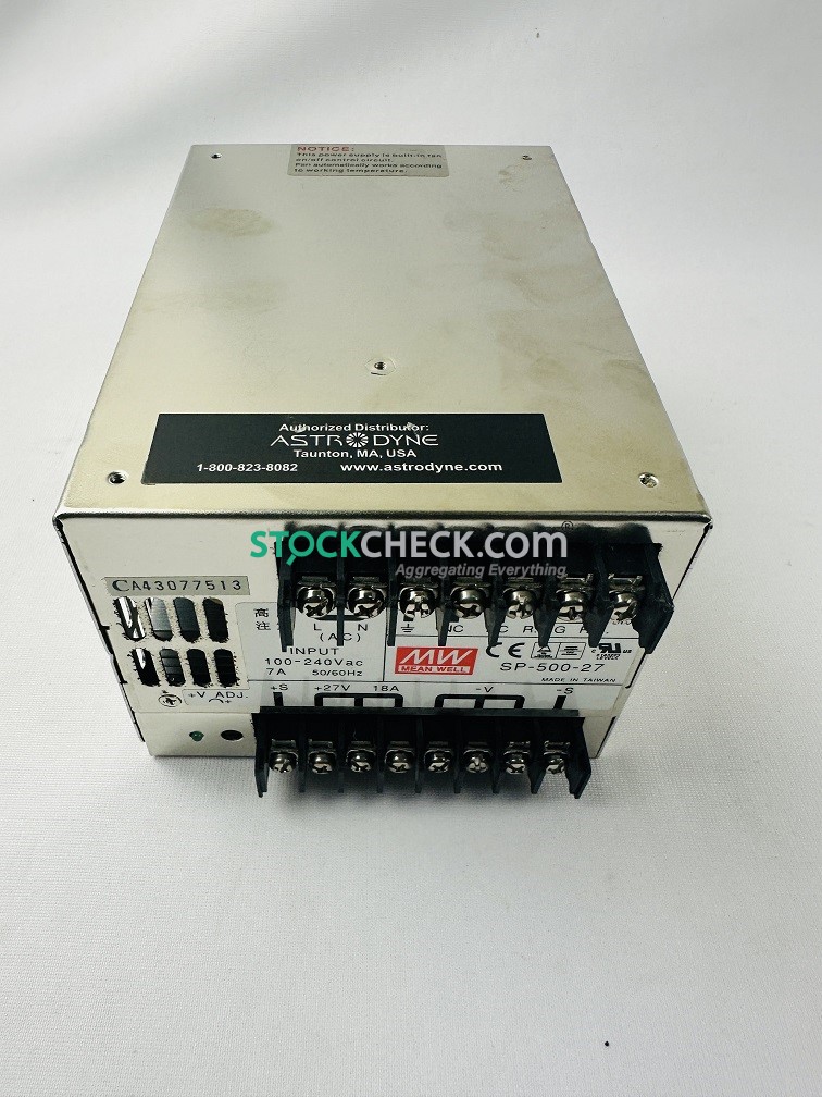 SP-500-27 The Mean Well SP-500-27 is a single-output industrial power supply providing 27 volts DC at 500 watts. It features active power factor correction and universal AC input for reliable operation.