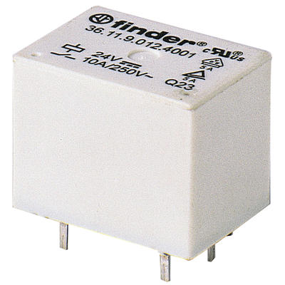 361190124001 The Finder 361190124001 is a miniature electromagnetic relay with 1 pole changeover contacts. It offers a 10A rated current and 250VAC switching voltage.