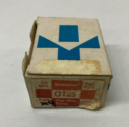 OT25 The Gould OT25 is a one-time fuse with a 250VAC voltage rating and a 25A current rating. It comes packaged in a box of 9 units.