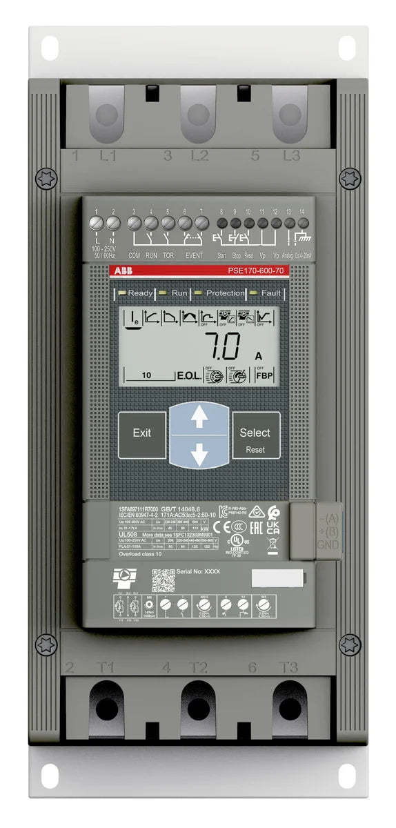 1SFA897111R7000 The ABB 1SFA897111R7000 PSE170-600-70 is a 170A, 3-pole soft starter designed for motor control applications. It operates with a rated supply voltage of 208-600V AC and a control voltage of 110-250V.