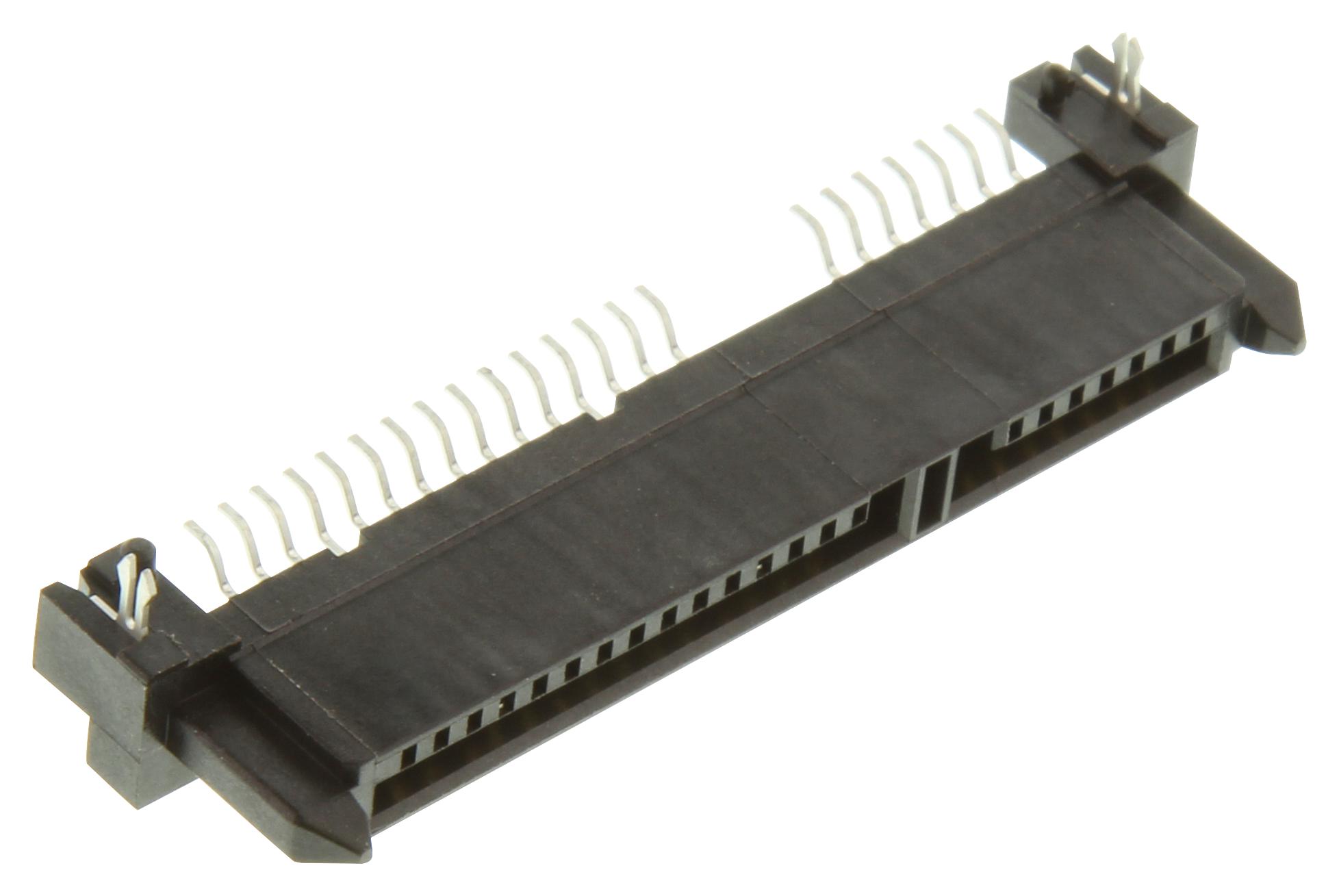 10029364-001TRLF SATA receptacle connector with 22 positions, surface mount right angle termination, and gold contact finish.