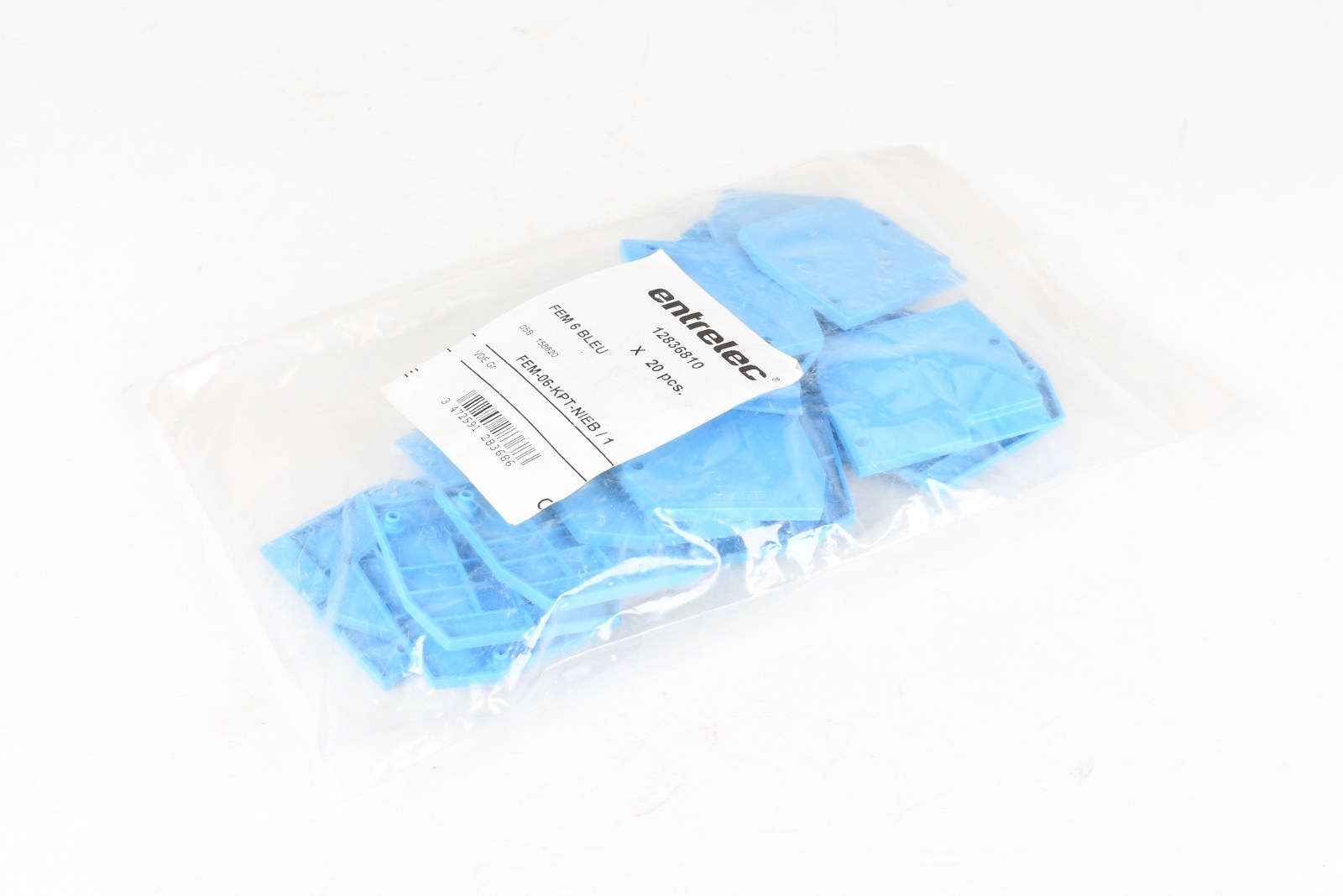 12836810 The Entrelec 12836810 is an end section for terminal blocks, part of the FEM 6 BLEU series. It is RoHS3 compliant and comes in a standard package of 20 pieces.