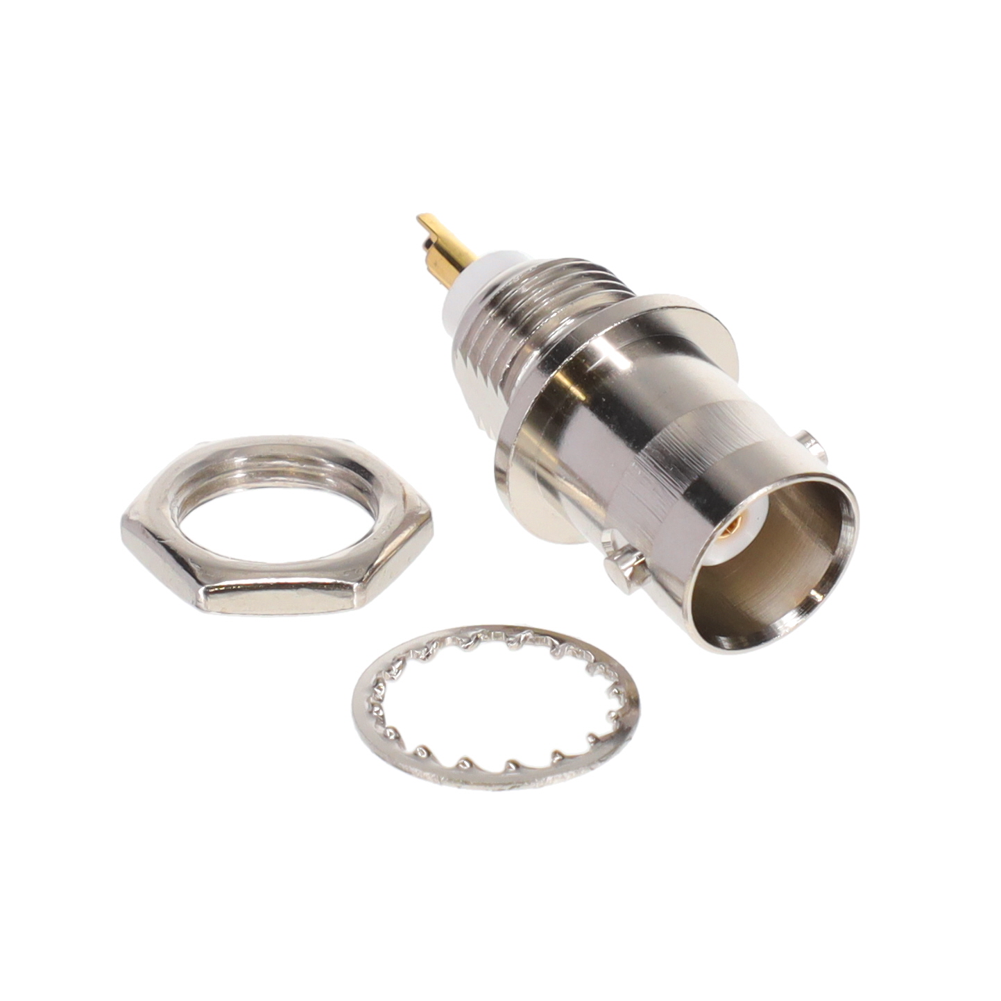 R141563161 BNC bulkhead jack receptacle, 50 Ohm impedance, 1.5 GHz max frequency. Panel mount with solder cup termination.