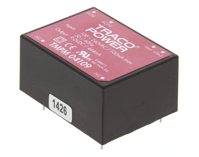 TMPM 04109 The Traco Power TMPM 04109 is a 4W AC/DC converter with a 9V output voltage. It features a universal input voltage range of 85-264 VAC and is designed for through-hole mounting.
