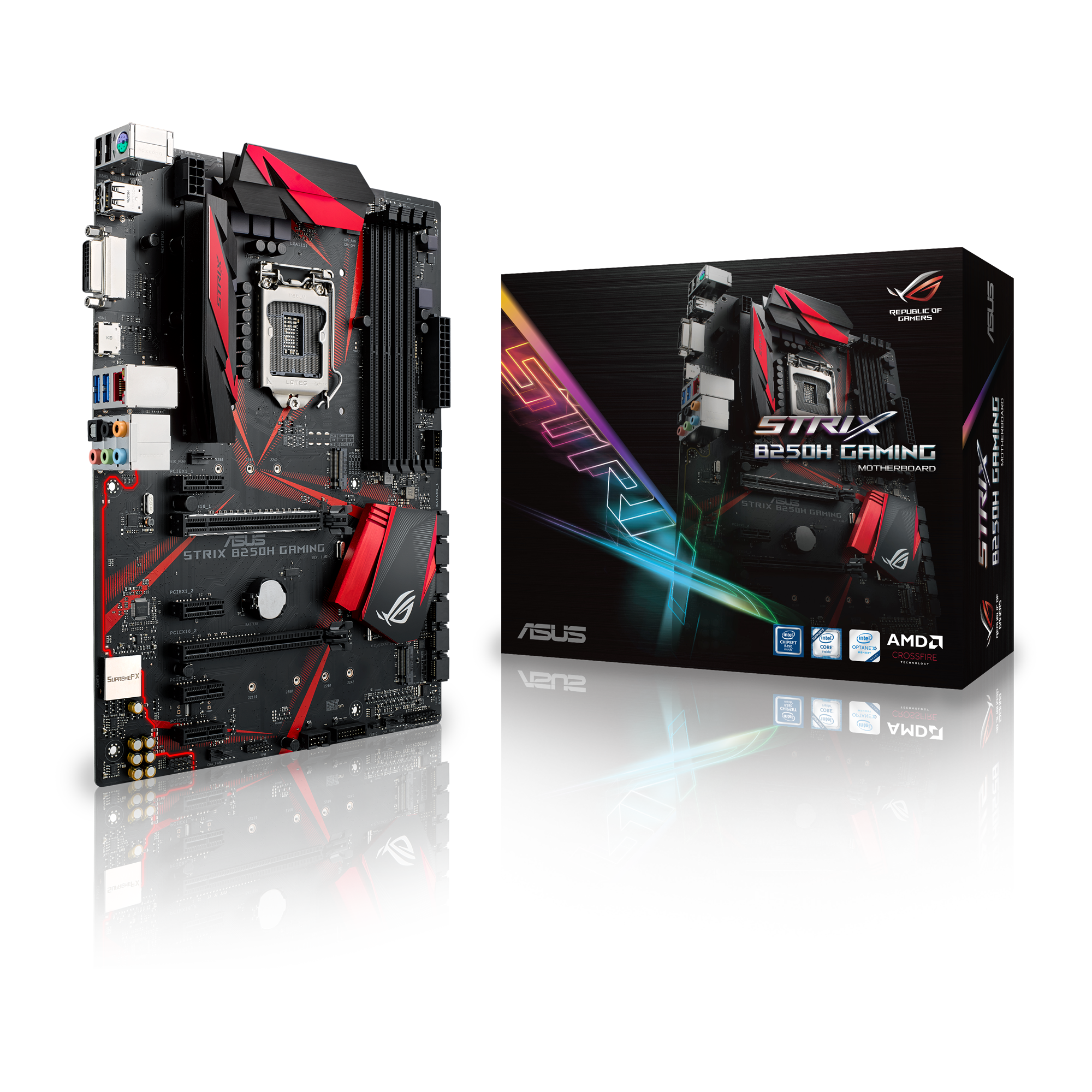 B250H The ASUS ROG STRIX B250H GAMING is an ATX motherboard featuring an Intel LGA-1151 socket and DDR4 memory support. It offers dual M.2 slots and Intel Gigabit LAN for enhanced connectivity.