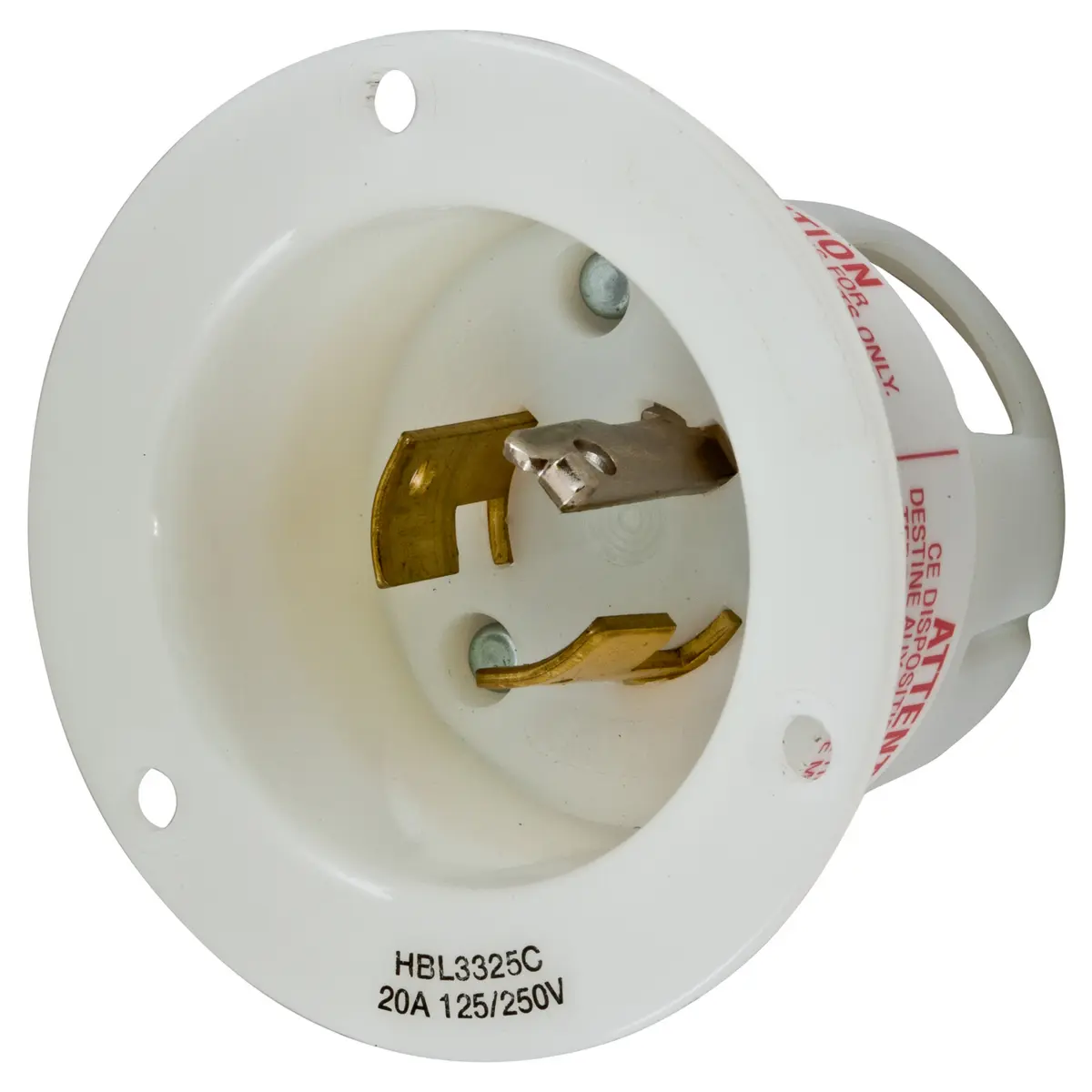 HBL3325C The Hubbell HBL3325C is a Twist-Lock industrial flanged inlet with a 20A 125/250V rating. It features a 3-pole, 3-wire, non-grounding configuration and screw terminals.