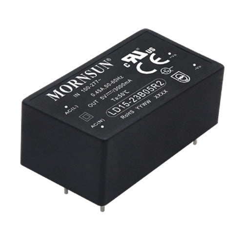 LD15-23B24R2 The Mornsun LD15-23B24R2 is a 15W AC/DC converter with a 24V output voltage and a wide input range of 85-305Vac. It offers 86% efficiency and operates from -40°C to 85°C.