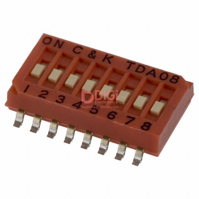 TDA08H0SK1R The C&K TDA08H0SK1R is an 8-position SPST slide DIP switch designed for surface mounting. It features a 25mA current rating and a 24VDC voltage rating.