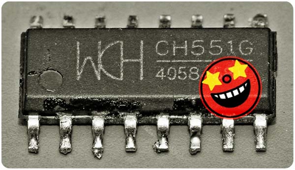 CH551G The WCH CH551G is a low-cost 8051 core microcontroller with an integrated USB transceiver. It offers a 24MHz clock speed and comes in a convenient SOP16 package.
