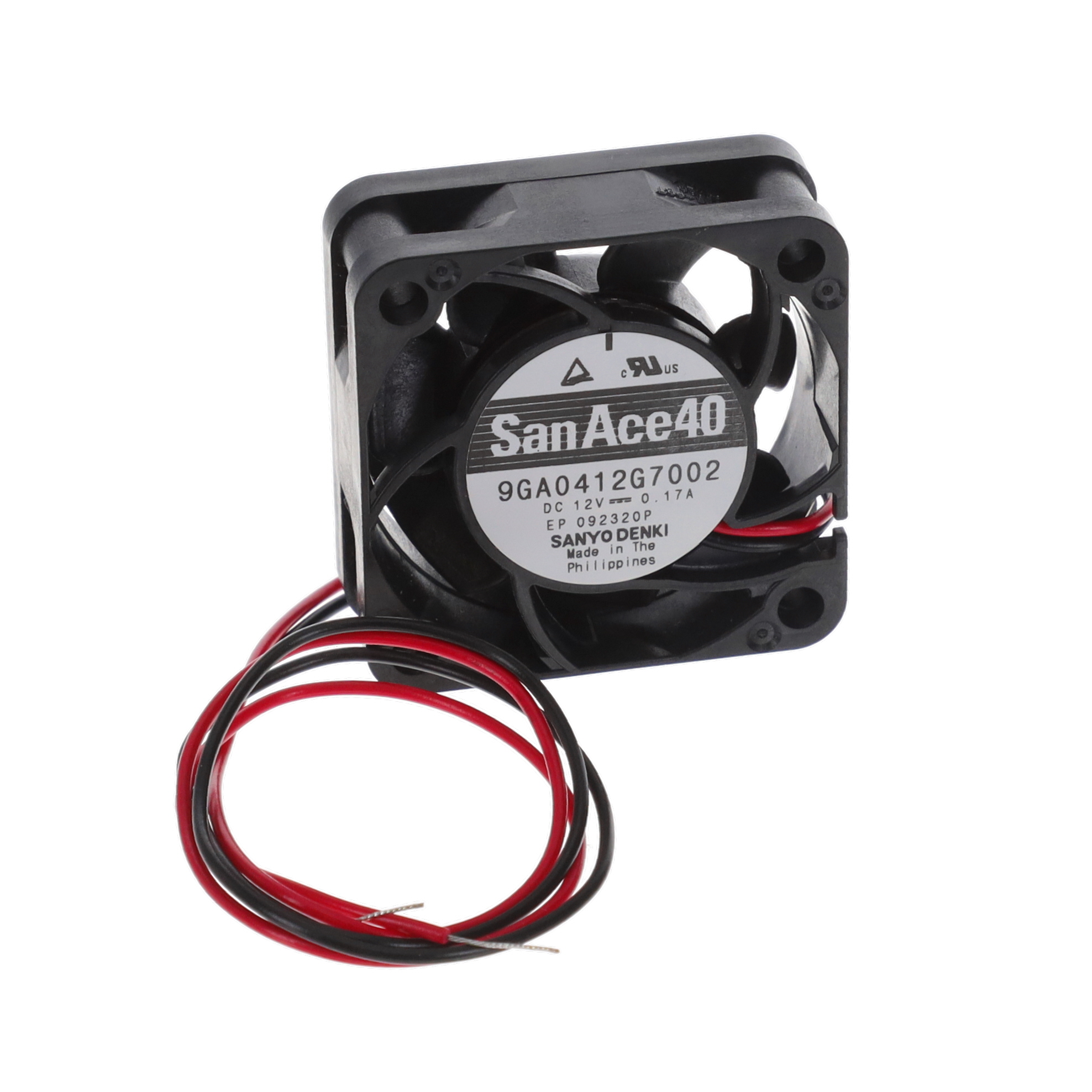 9GA0412G7002 9GA0412G7002 is a 12VDC tubeaxial fan manufactured by Sanyo Denki. It measures 40x15mm, delivers 12.7 CFM at 13100 RPM, and features ball bearing construction.