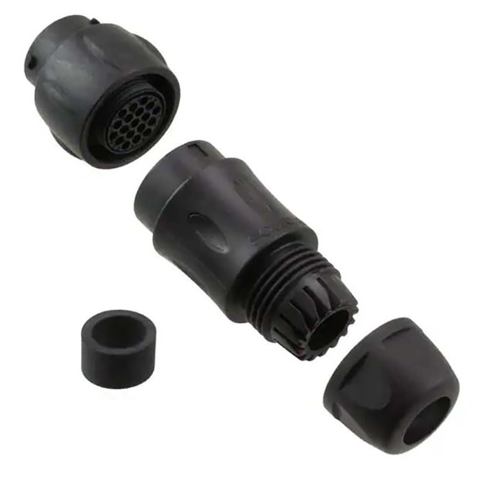 UTS1JC1419P This Souriau-Sunbank by Eaton circular connector, part number UTS1JC1419P, features 19 male contacts and a straight orientation. It offers a 5A current rating and an IP68/IP69K environmental protection rating.