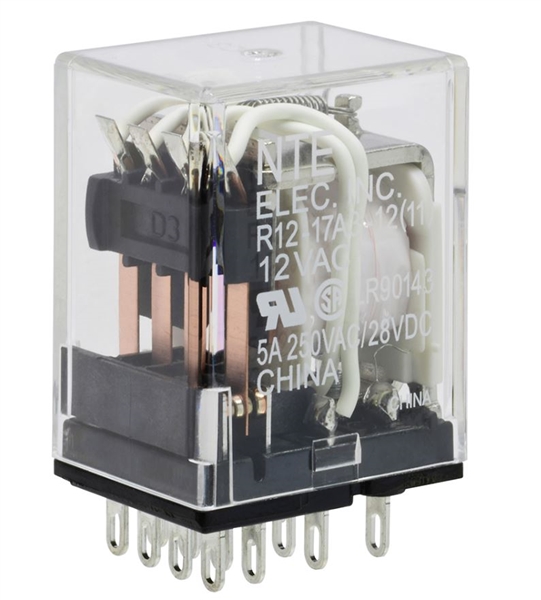 R12-17A3-12 The NTE Electronics R12-17A3-12 is a general purpose relay featuring 4PDT contacts and a 12VAC coil. It is rated for a maximum current of 5A at 240VAC/28VDC.