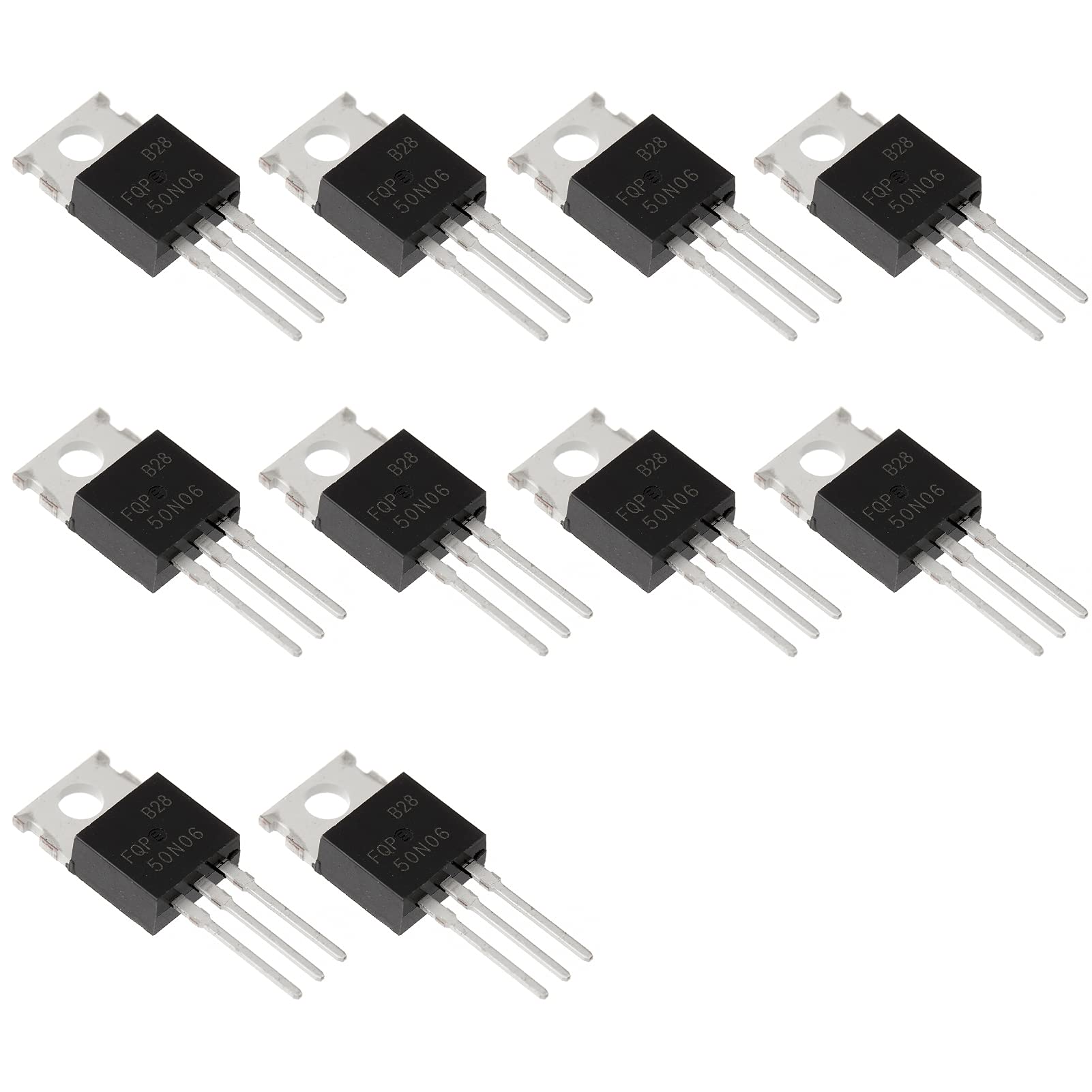 FQP50N06 N-Channel MOSFET with 60V drain-source voltage and 50A continuous drain current. Designed for through-hole mounting in TO-220-3 package.