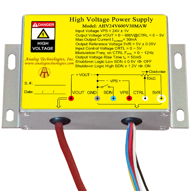 AHV24V600V30MAW The Analog Technologies AHV24V600V30MAW is a high voltage power supply module designed for DC-DC conversion. It operates with a 24V input and provides an output voltage range of 0 to 600V.