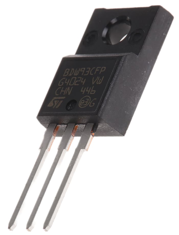 BDW93CFP NPN Darlington transistor, 100V VCEO, 12A continuous collector current, in TO-220FP through-hole package.