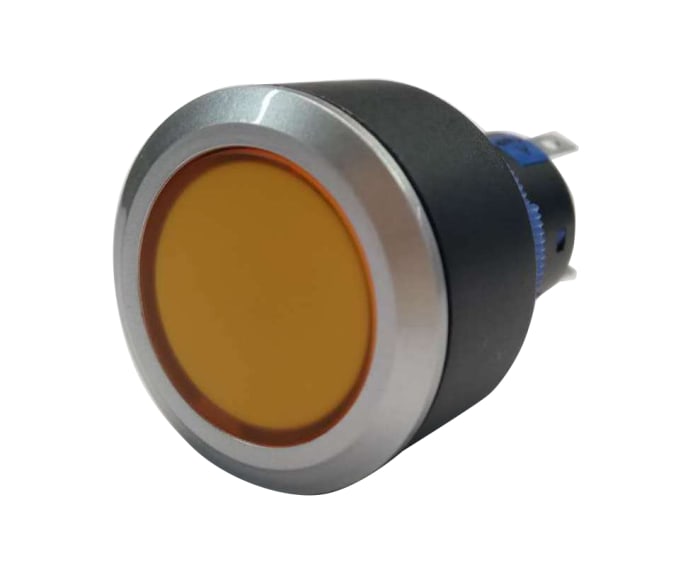 175-8238 This RS PRO illuminated push button switch offers a panel mount design with a 22.2mm cutout and SPDT contact configuration. It is rated for 250V AC and features a yellow LED indicator.