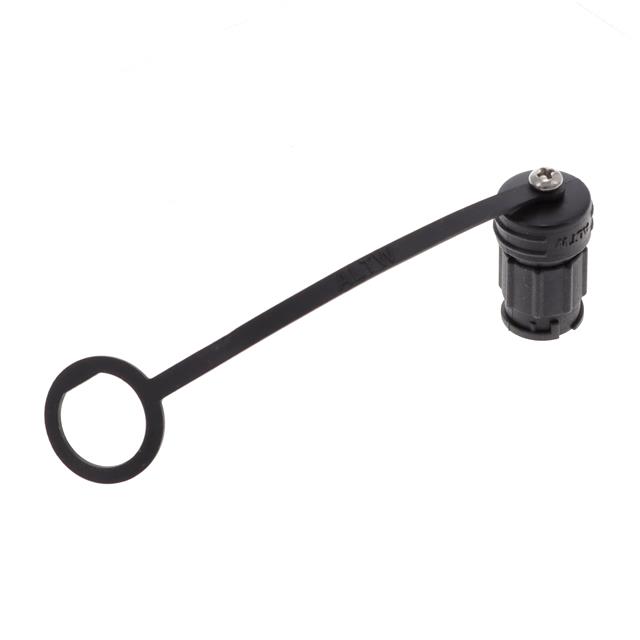 CAP-WABFLPC1 Waterproof cap (cover) for female receptacle circular connectors, shell size B. Features a strap with ring and is made of black thermoplastic.