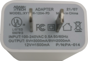 PA-014 The Adam Technologies Inc PA-014 is an AC/DC wall mount adapter designed for ITE (Commercial) applications. It features a NEMA 1-15P input and a USB C receptacle output.