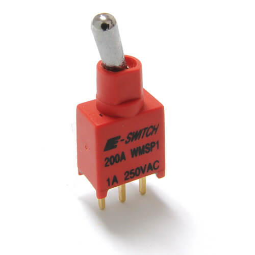 200AWMSP3T1A1M2QE The E-Switch 200AWMSP3T1A1M2QE is a sealed, subminiature SPDT toggle switch rated for 3A at 120VAC/28VDC. It features epoxy sealed terminals and IP67 ingress protection.