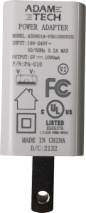 PA-010 The Adam Tech PA-010 is a 5V, 1A AC/DC wall mount adapter designed for ITE (Commercial) applications. It features a NEMA 1-15P input and a USB A receptacle output.