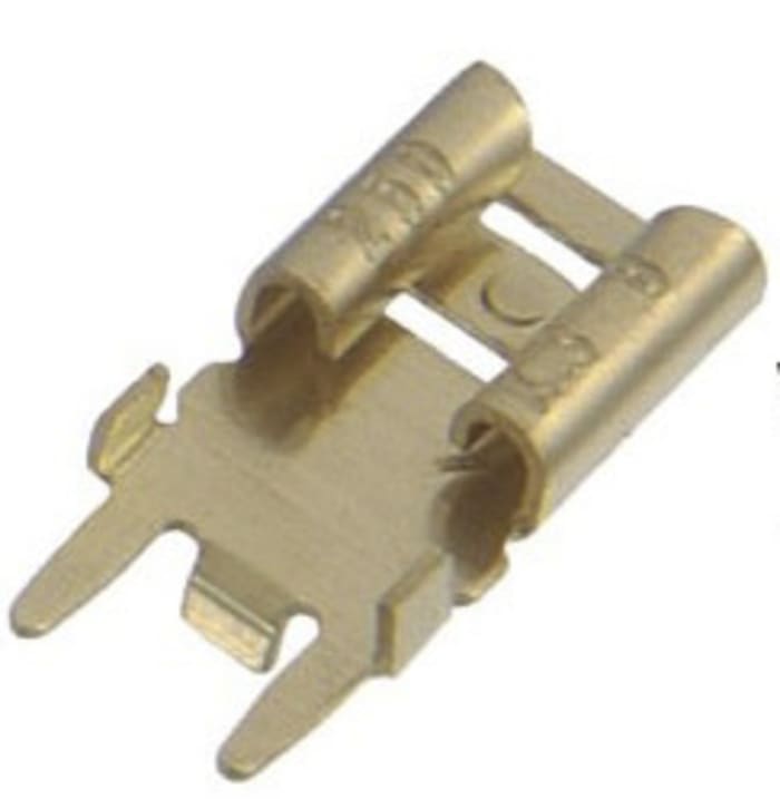 178-8411 This RS PRO 178-8411 is a gold uninsulated male spade connector designed for solder termination. It features a standard tab size of 6.35 x 0.8 mm.