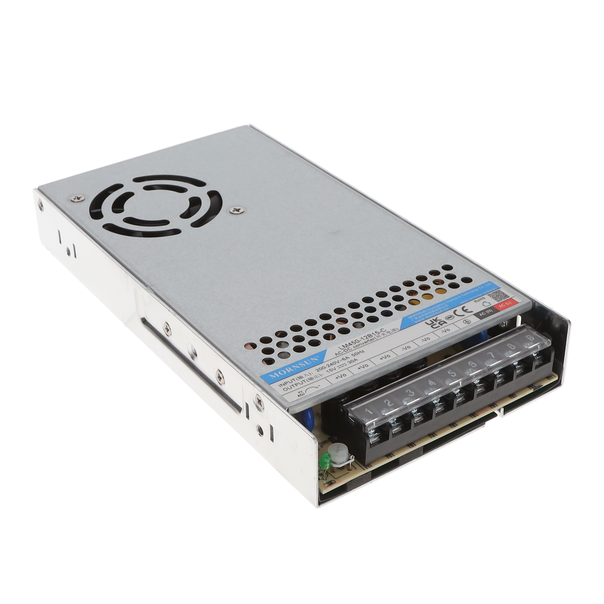 LM450-12B15-C The Mornsun America, LLC LM450-12B15-C is an enclosed AC/DC converter delivering 15V at 30A for a total of 450W. It features universal input and chassis mounting.