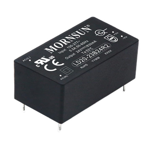 LD20-23B24R2 The Mornsun LD20-23B24R2 is a 20W AC/DC converter with a 24Vdc output. It features a wide input voltage range and operates from -40°C to 85°C.