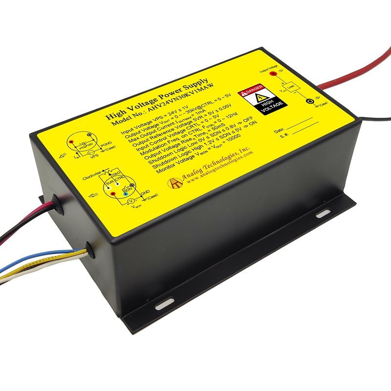 AHV24VN30KV1MAW The Analog Technologies AHV24VN30KV1MAW is an enclosed DC DC converter designed for high voltage applications. It features a 24V input and a -30kV output voltage.
