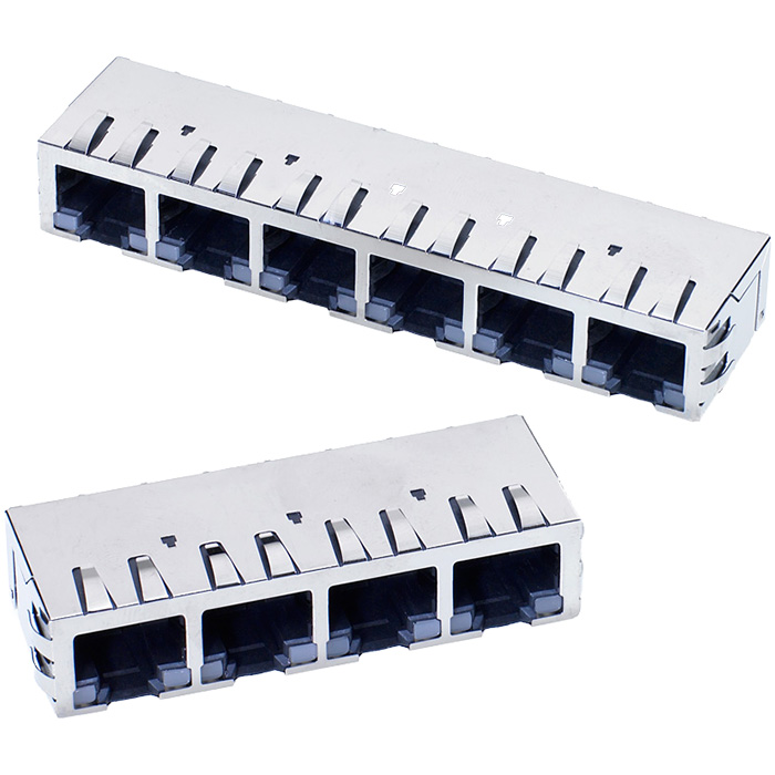 SS-718804S-A-PG4-BC 4-port, 8P8C (RJ45) modular jack with Cat5e rating. Features right-angle through-hole mounting, shielded with EMI fingers, and board guide.