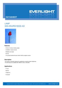 333-2SURD/S530-A3 The Everlight Electronics 333-2SURD/S530-A3 is a red, diffused 5mm LED lamp designed for through-hole mounting. It features a typical forward voltage of 2V and a current rating of 20mA.