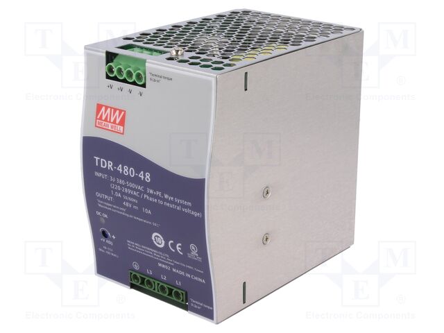 TDR-480-48 The Mean Well USA TDR-480-48 is an AC/DC DIN Rail power supply delivering 48V at 10A (480W). It features a 3-phase input range of 340-550VAC and 93% efficiency.