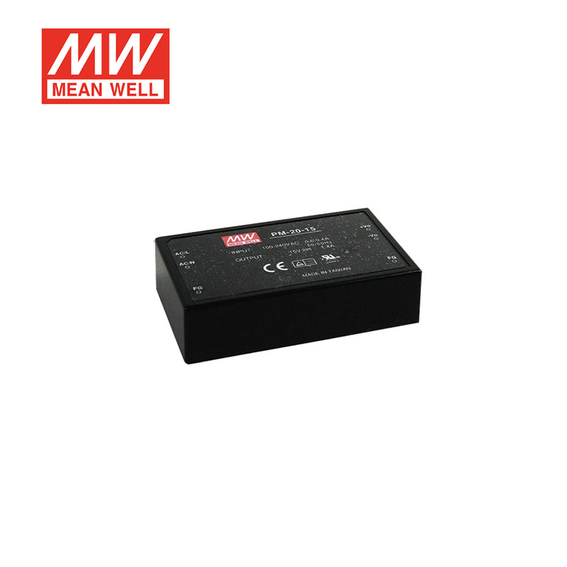 PM-20-15 The Mean Well PM-20-15 is a 21W AC/DC converter with a 15V output voltage and 1.4A rated current. It features universal input and through hole mounting.